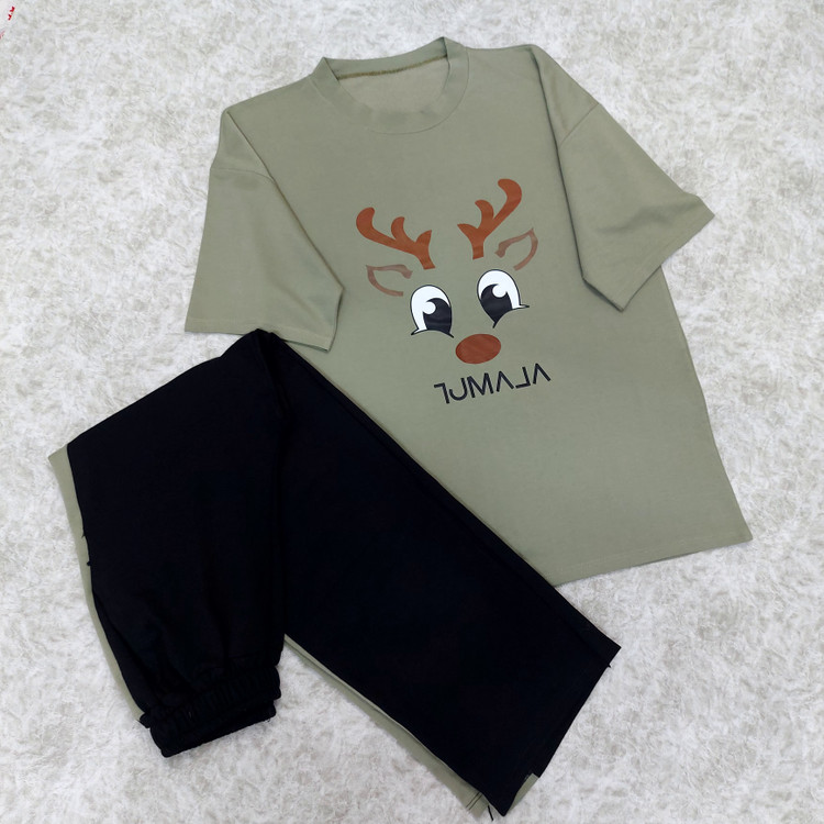 ست لانگ و شلوار بگ گوزن سبز صدری